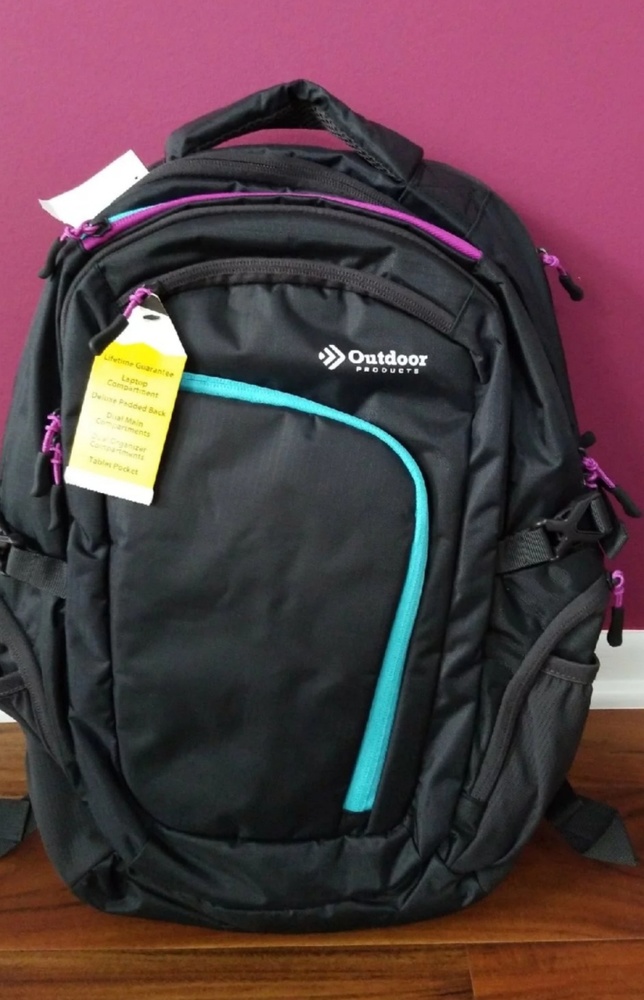 Black backpack with blue and pink zippers